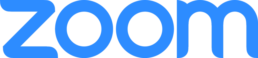 Logo do sistema Zoom na cor azul. O logo possui apenas a palavra Zoom.