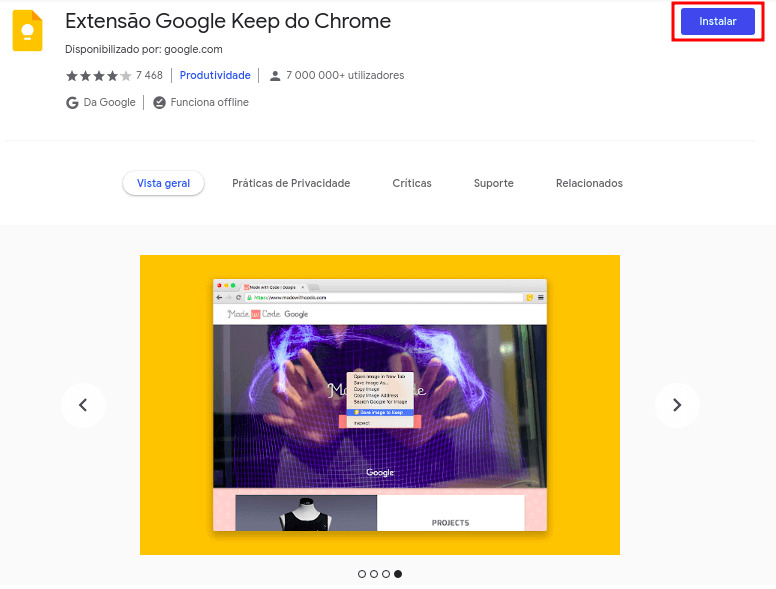 Imagem da extensão Google Keep selecionada. No canto direito existe um botão azul e abaixo uma tela demonstrativa 