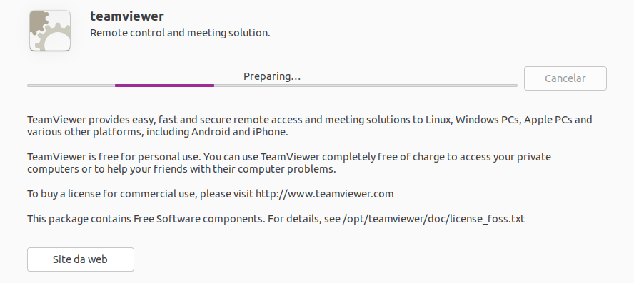 Imagem com um texto informativo sobre as funções do teamViewer e uma barra de progresso mostrando o download da solução
