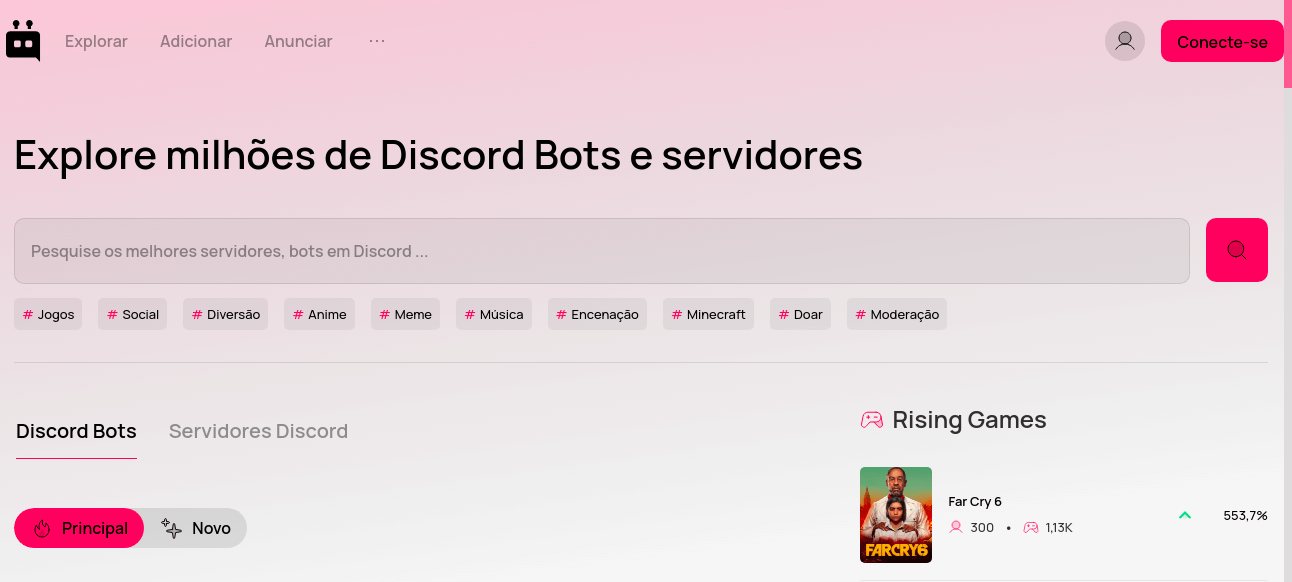 Imagem do site inicial do Discord com tons de rosa ao fundo
