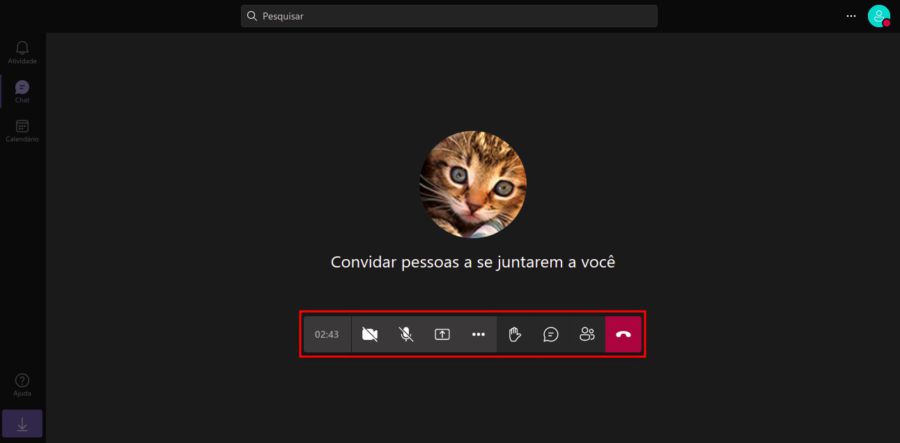 Imagem da sala do Microsoft Teams aberta. A sala tem o fundo de cor preta e um icone arredondado no centro da tela representando o usuário. O icone é de um felino