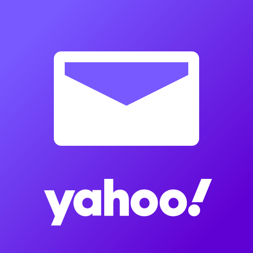 Logo do Yahoo Mail com o fundo em cor roxa, um desenho de um carta em branco a frente e o nome abaixo da carta
