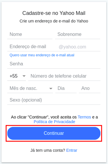 Formulário para inserção de informações para acesso no YahooMail