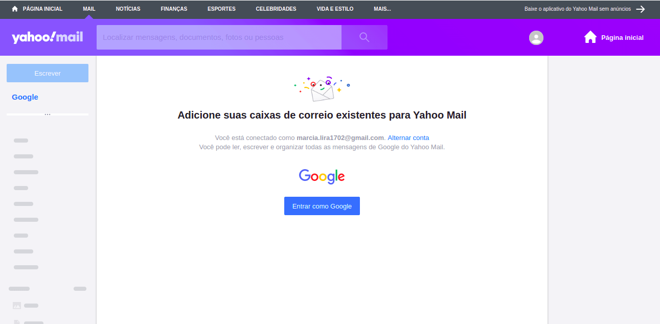 Imagem mostrando como é o painel do Yahoo Mail quando o usuário o acesso com email do Google
