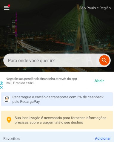 Imagem da página inicial do aplicativo Moovit. Ao fundo uma imagem de uma ponto da cidade de São Paulo e a frente um campo para que o usuário insira informações de onde ele deseja ir