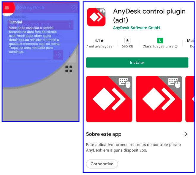 Imagem de duas telas mostrando o processo de instalação do Anydesk em celular android