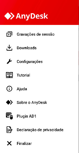 Imagem do menu do Anydesk dentro do aplicativo para Android. Cada item possui um icone representando o conteúdo a ser acessado ao clicar.