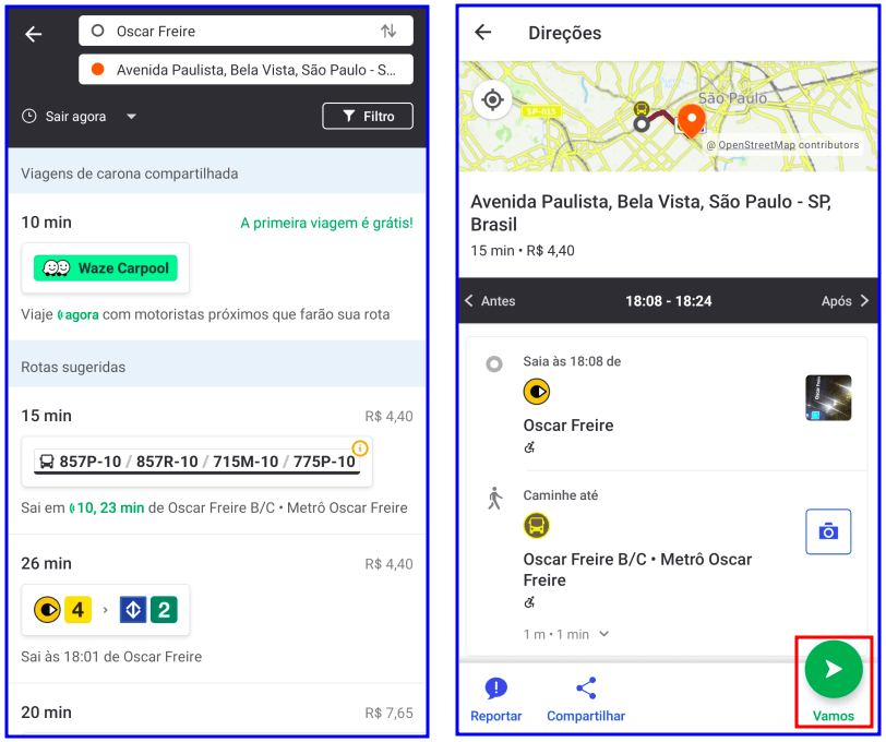 Imagem de duas telas do aplicativo Mootiv mostrando informações de trajeto como mapa, nome das linhas de ônibus e linhas de metro e trajeto a pé