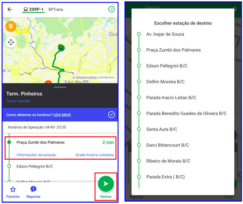 Imagem com duas telas do aplicativo Moovit mostrando um trajeto.  A esquerda um mapa e a direita os nomes das ruas para chegar ao local