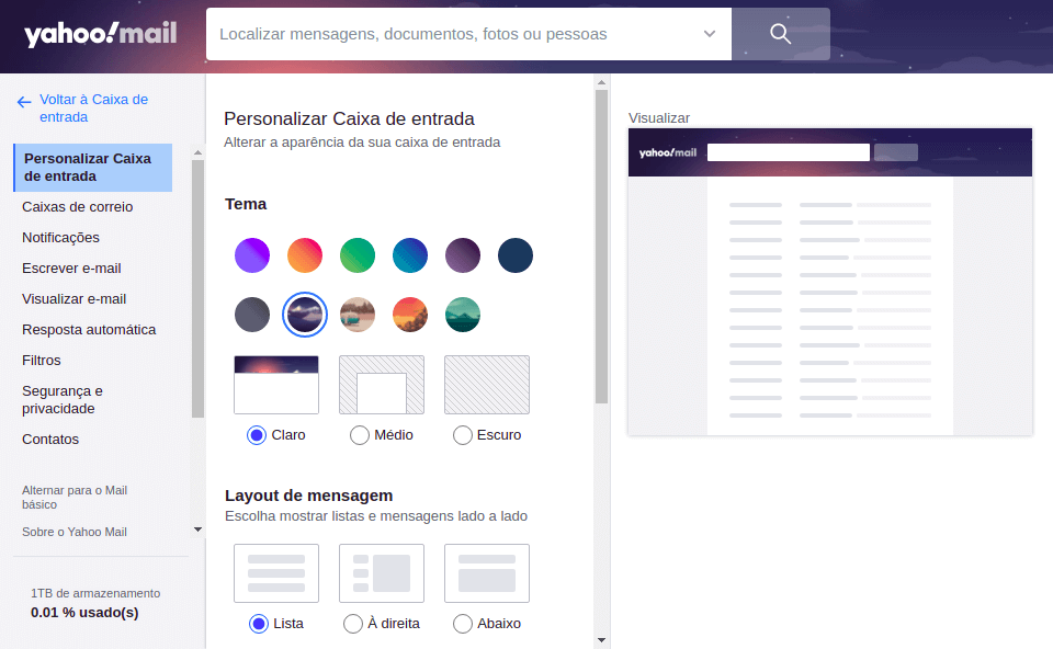 Painel com opções para personalização de cores no Yahoo Mail