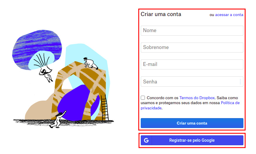 Imagem com um desenho mostrando pessoas trabalhando em um projeto e a direita um formulário para preenchimento de criação de conta no Dropbox