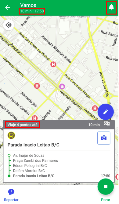 Imagem do aplicativo Moovit com informação de quantos pontos o ônibus vai passar até chegar ao destino. Ao fundo existe um mapa e a frente um pop up com os nomes das paradas.
