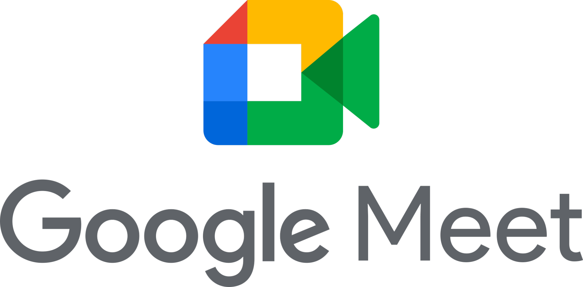 Logo do Google Meet. Acima há um desenho de uma câmera nas cores azul, vermelho, amarelo e verde e abaixo o nome da solução em core cinza