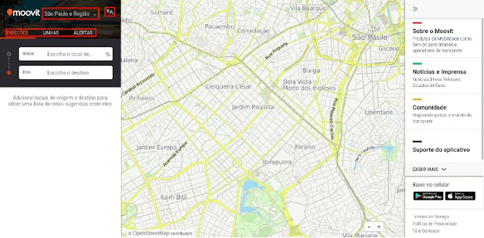 Imagem de um mapa ao centro da tela com um menu para inserção de destino a esquerda e informativos a direita sobre o trajeto