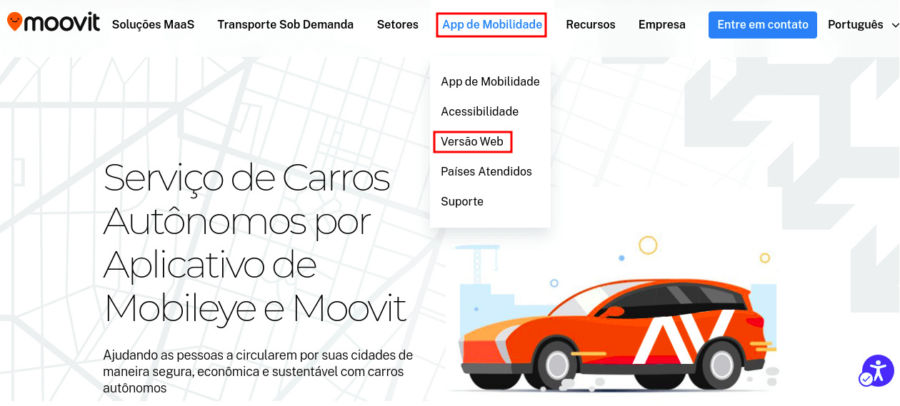 Página inicial do site da Moovit com informativos de serviços de carros a esquerda e um desenho de um carro nas cores vermelha, laranja e branca a direita. Acima exsite um menu e um destaque a opção 'app de mobilidade' 