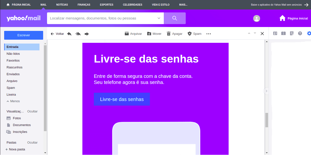 Página inicial do YahooMail. A página tem predominância de cores roxas e branco