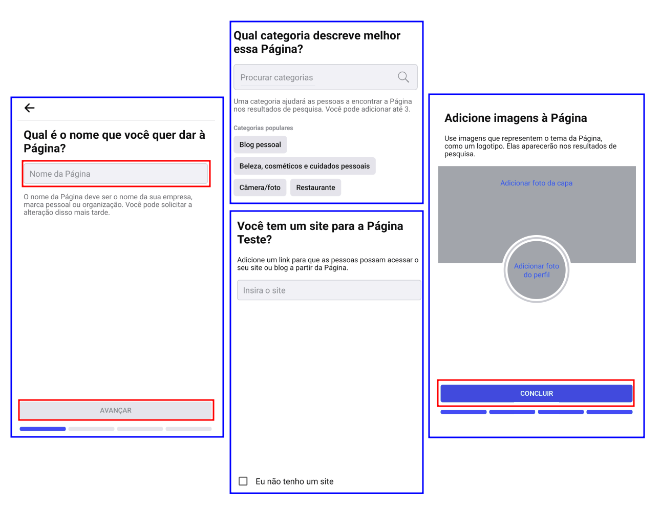 Imagem com quatro telas mostrando o passo a passo para criação de uma página no facebook