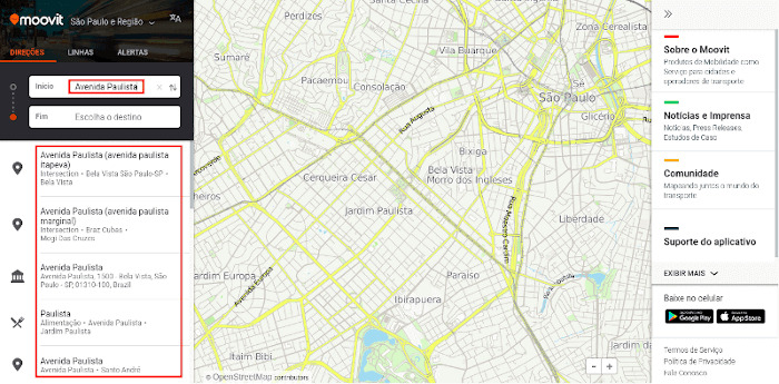 Imagem de um mapa ao centro da tela com um menu para inserção de destino e resultados da busca abaixo a esquerda e informativos a direita sobre o trajeto