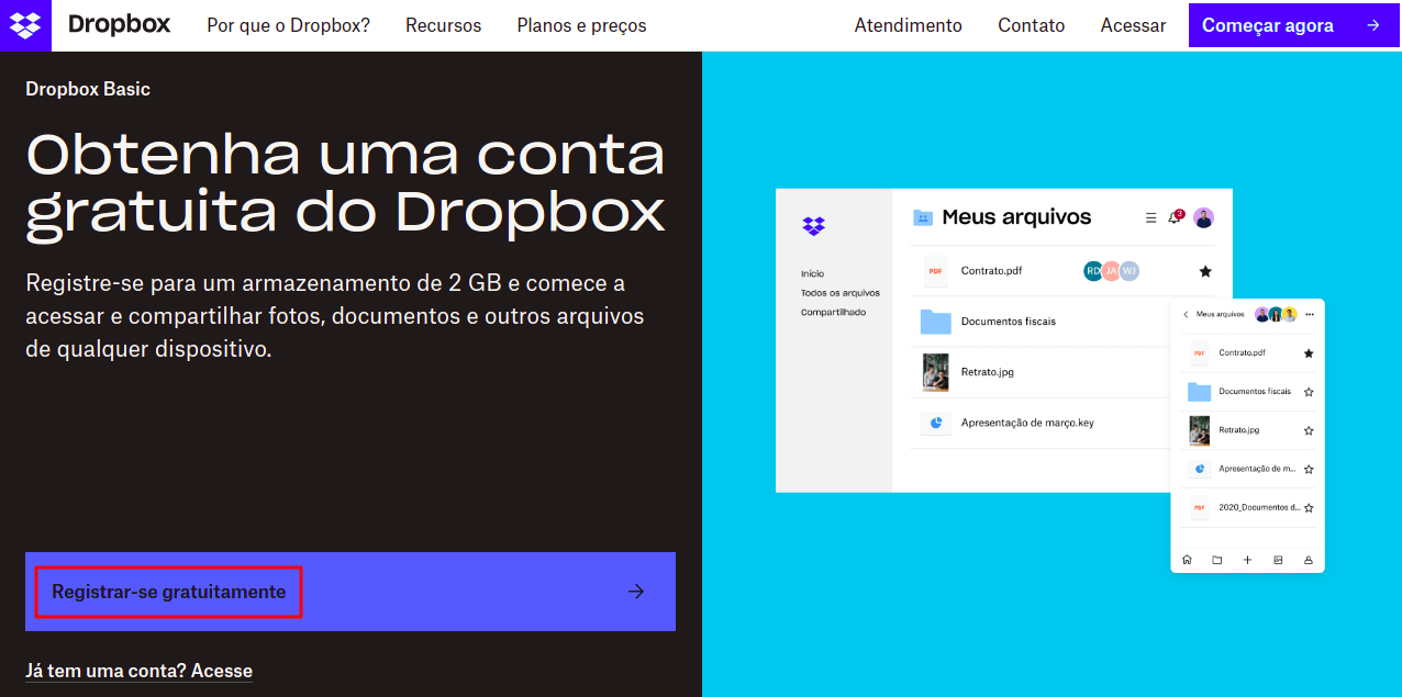 Imagem da tela inicial do site Dropbox com uma divisão central de cores. A esquerda há um botão para que o usuário clique e se registre e a direita um fundo azul claro com duas telas mostrando como é o Dropbox