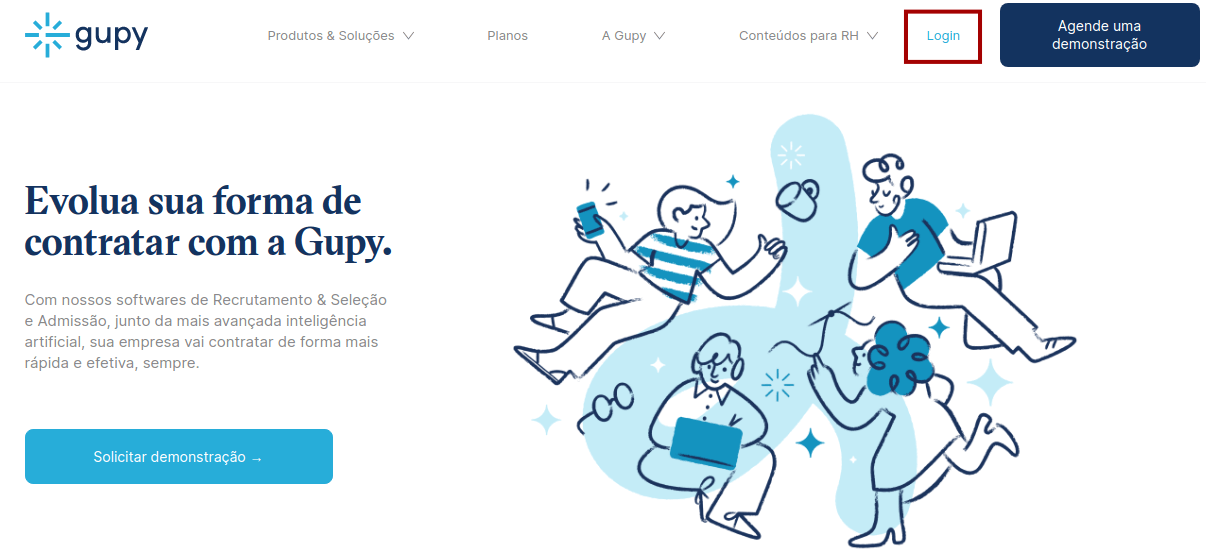 Imagem da página inicial do site da Gupy. A esquerda á um texto e a direita um desenho de quatro pessoas se conectando e conversando