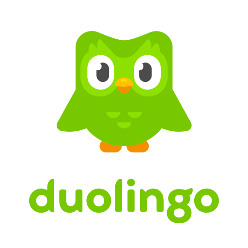 Imagem com uma coruja desenhada. O desenho possui a cor verde assim como o logo escrito Duolingo, logo abaixo do desenho de coruja