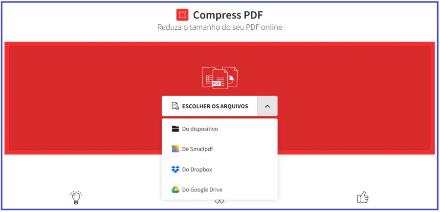 Imagem com fundo em vermelho mostrando um menu a frente com opções de onde o usuário pode procurar o documento que quer converter