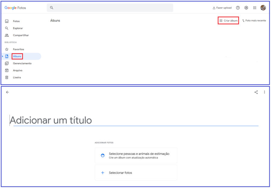 Imagem com duas telas. A de cima com a opção 'álbum' selecionada no menu esquerdo do Google fotos. A debaixo comum campo escrito 'adicionar um título'