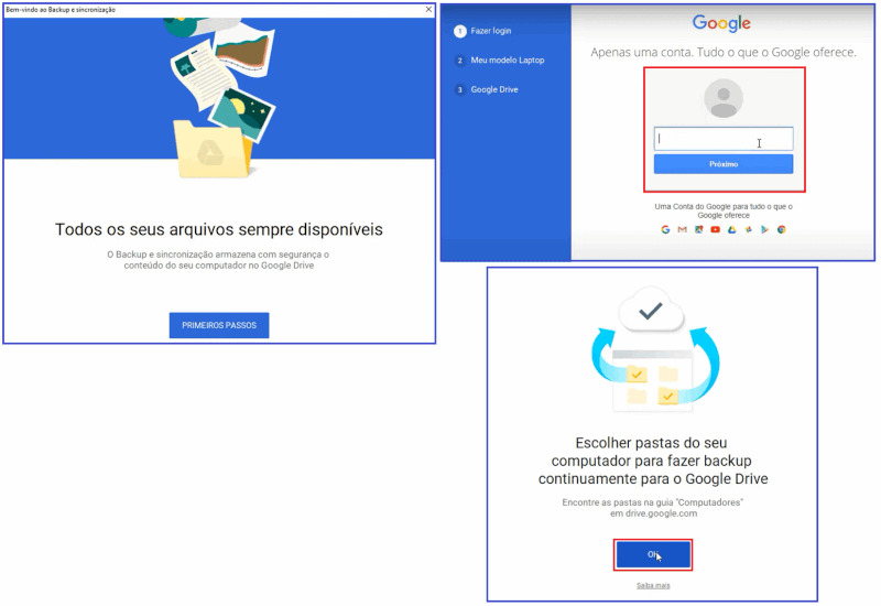 Imagem com três telas mostrando o processo de inicialização do Google Drive