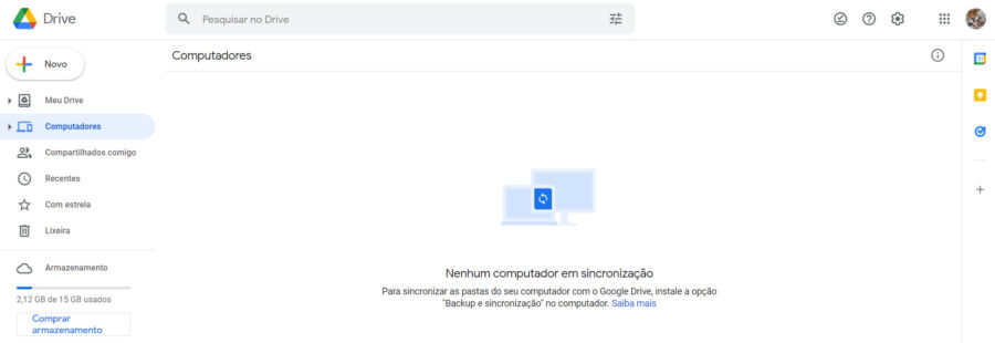 Imagem do painel do Google Drive. A imagem mostra um menu vertical localizado no canto esquerdo da imagem. Ao centro uma mensagem de 'nenhum computador sincronizado'