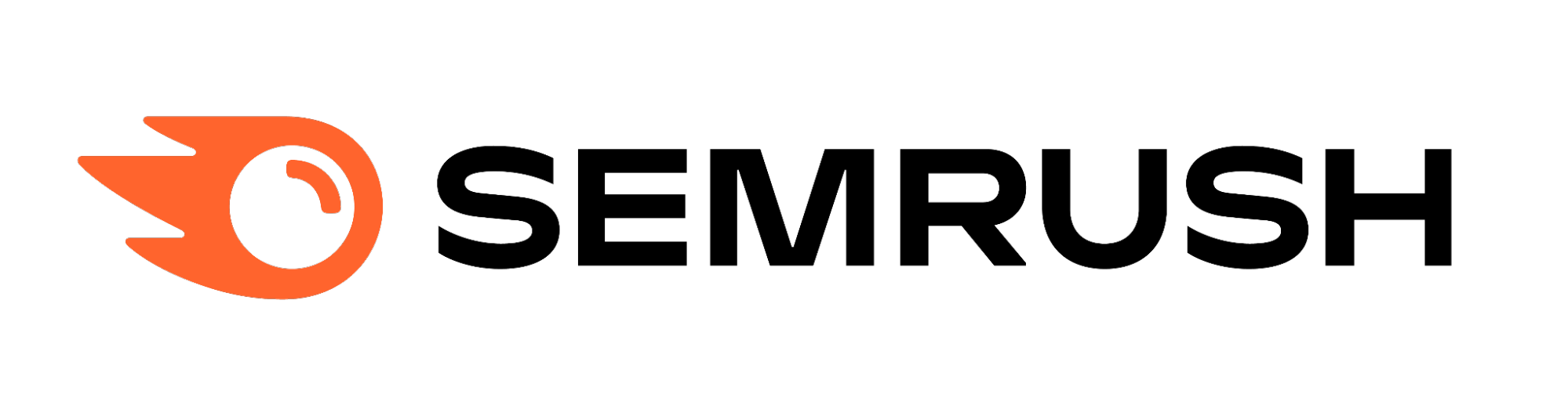 Logo da ferramenta de SEO chamada Semrush. O logo possui um desenho de uma bola com contorno laranja representando uma chama e ao lado o nome da solução escrito de preto