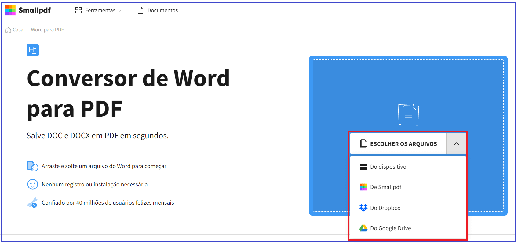 Imagem com a frase 'conversos de Word para PDF' localizada do lado esquerdo e um quadrado azul com um menu para que o usuário escolha onde localizar o arquivo a ser convertido