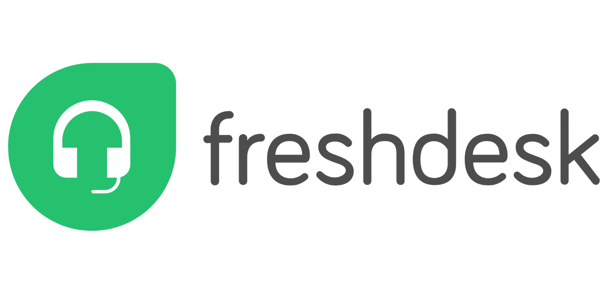 Imagem do logo da Frashdesk. A imagem possui uma forma geométrica verde com um desenho de um fone de ouvido a esquerda e o nome da solução escrita na cor preta.