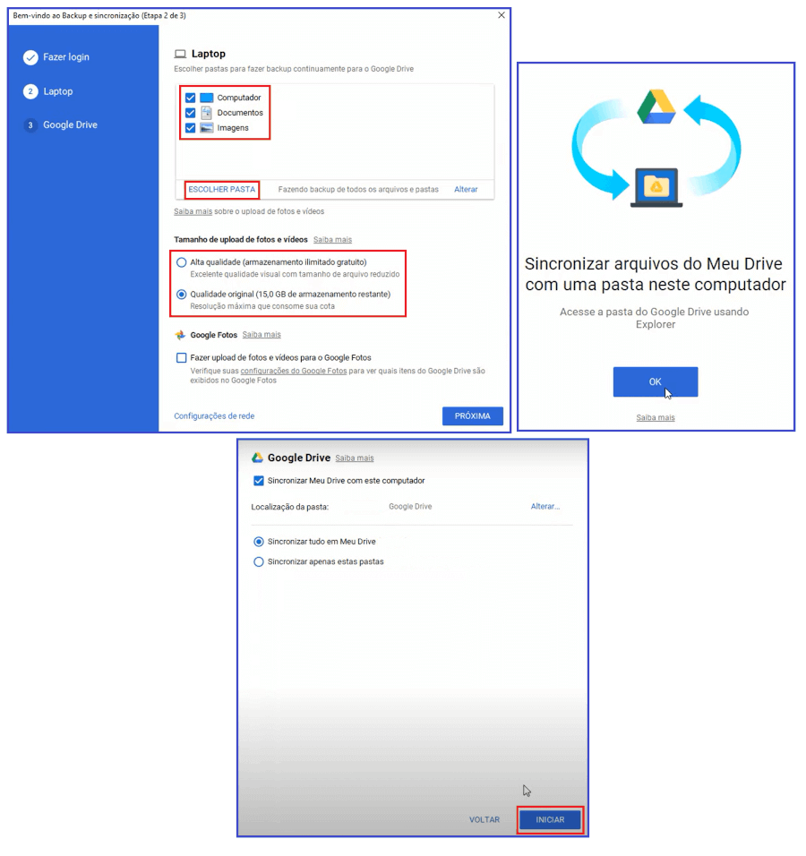 Imagem com três telas mostrando o processo de inicialização do Google Drive