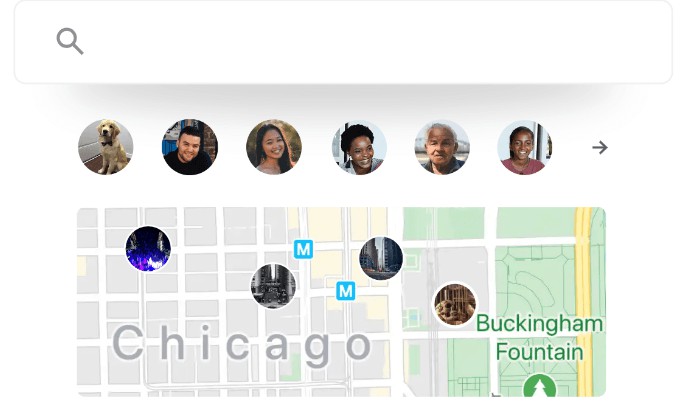 Imagem de um pedaço de mapa da cidade de Chicago mostrando ícones arredondados de localizações. Acima a ícones arredondados com rostos de pessoas e mais acima existe uma barra de busca para que o usuário especifique o que quer através de digitação