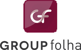 Grupo Folha. A imagem mostra um quadrado com as letras GF em cores em tons de vinho e abaixo o nome da empresa