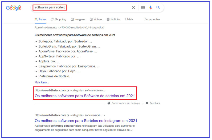 Exemplo da SERP do google mostrando resultados para uma pesquisa de 'softwares para sorteios'. O resultado apresentado mostra a página da B2B Stack logo abaixo de uma lista de softwares
