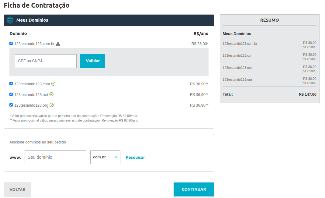 Imagem do painel de compra de domínios do Locaweb mostrando os valores a serem cobrados e campos para que o usuário preenche com informações pessoais
