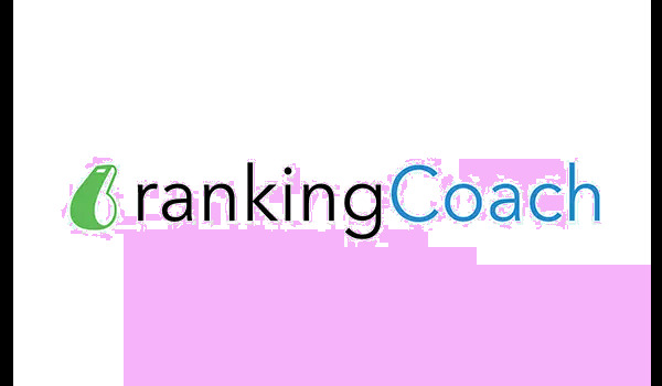 Logo da ferramenta de SEO Ranking coach. A imagem possui um apito verde ao lado escquerdo, a palavra 'ranking' escrita de preto e a palavra 'coach' escrita de azul