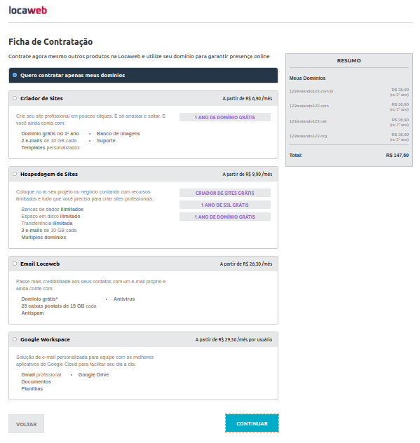 Imagem mostrando a ficha de contratação de domínio no locaweb com  diversas informações sobre a compra