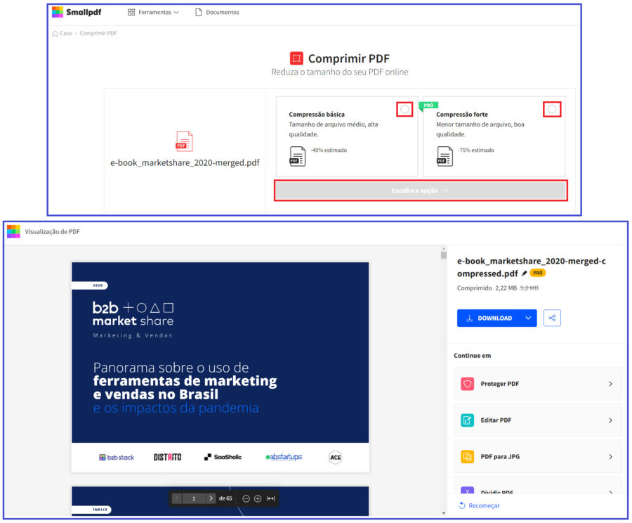 Imagem de duas telas mostrando o processo de conversão de arquivos no SmallPDF