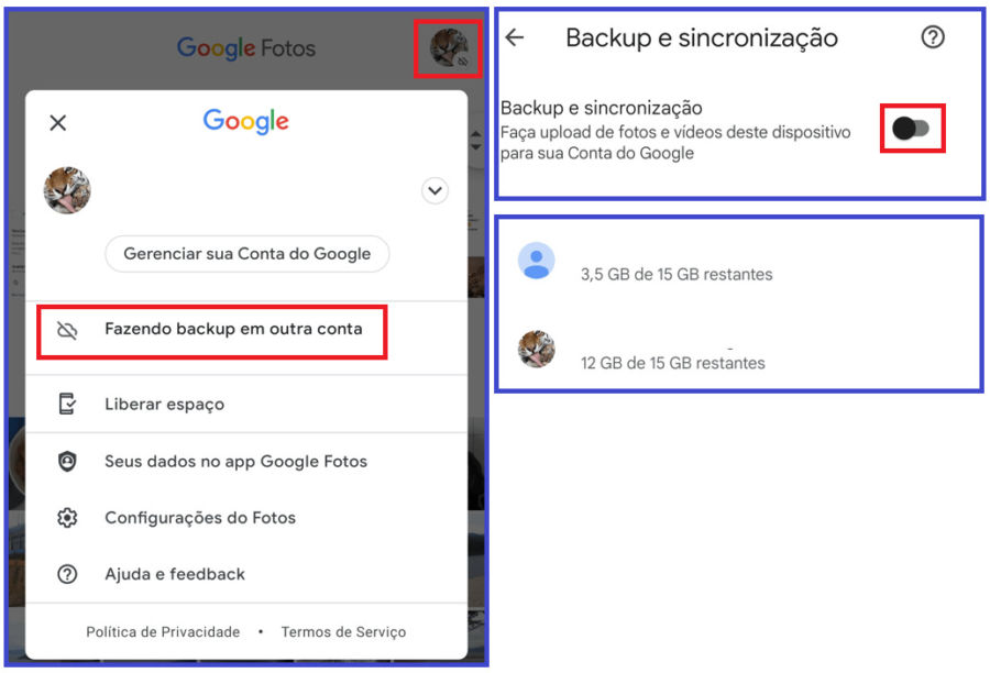 Imagem com destaque a opção de backup localizada no menu lateral esquerdo do Google fotos.