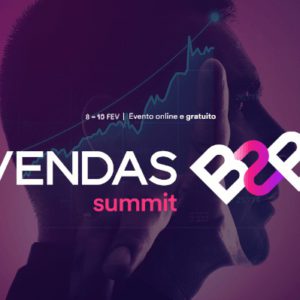 Imagem com o rosto em perfil com logo do Evento Vendas b2b Summit A frente. a imagem tem tons de roxo, azul e rosa em sua composição