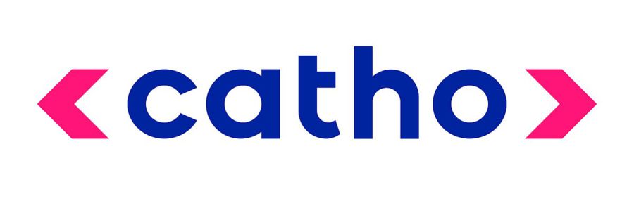 Logo da Catho em azul com tags rosas 
