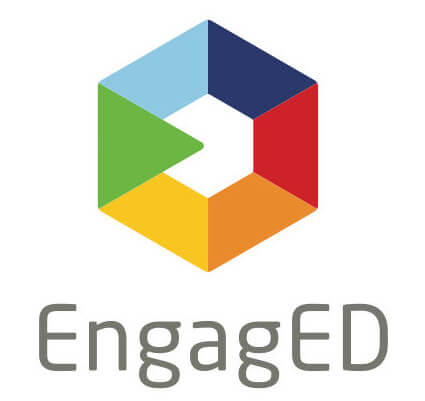 Logo do Engaged com um losango nas cores azul claro e escuro, vermelho, laranja, amarelo e verde 
