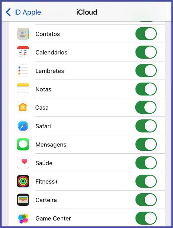 Imagem de uma lista mostrando aplicativos a esquerda com icones e a direita um checkbox para o usuário habilitar ou desabilitar as funcionalidades. 