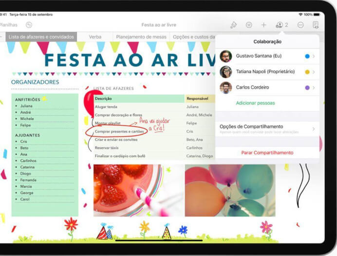 Imagem de uma tela com informações sobre festa junina. A imagem mostra um painel do Icloud com pessoas compartilhando informações sobre a festa