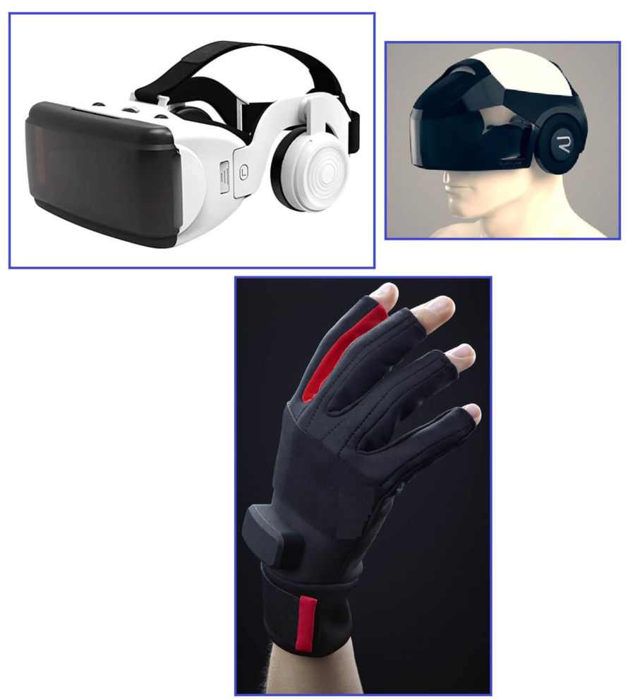Imagem de dispositivos para utilização em programas e jogos de realidade viritual. acima a dois modelos de óculos VR e abaixo uma luva captadora de movimentos