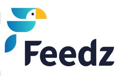 Logo da empresa Feedz. O logo posui um desenho de um pássaro acima da letra F. O pássaro possui a cor azul