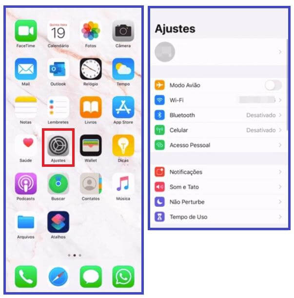 Imagem com prints de suas telas de celulares Apple. A da esquerda mostra diversos icones de aplicatvos instalados e a da direita mostra opções de ajustes