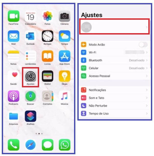 Imagem com prints de suas telas de celulares Apple. A da esquerda mostra diversos icones de aplicatvos com o de ajustes em destaque e a da direita mostra opções de ajustes